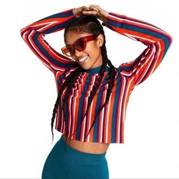 Victor Glemaud x Target Teal Striped Mock Turtleneck Multi Pullover Sweater - Picture 3 of 5